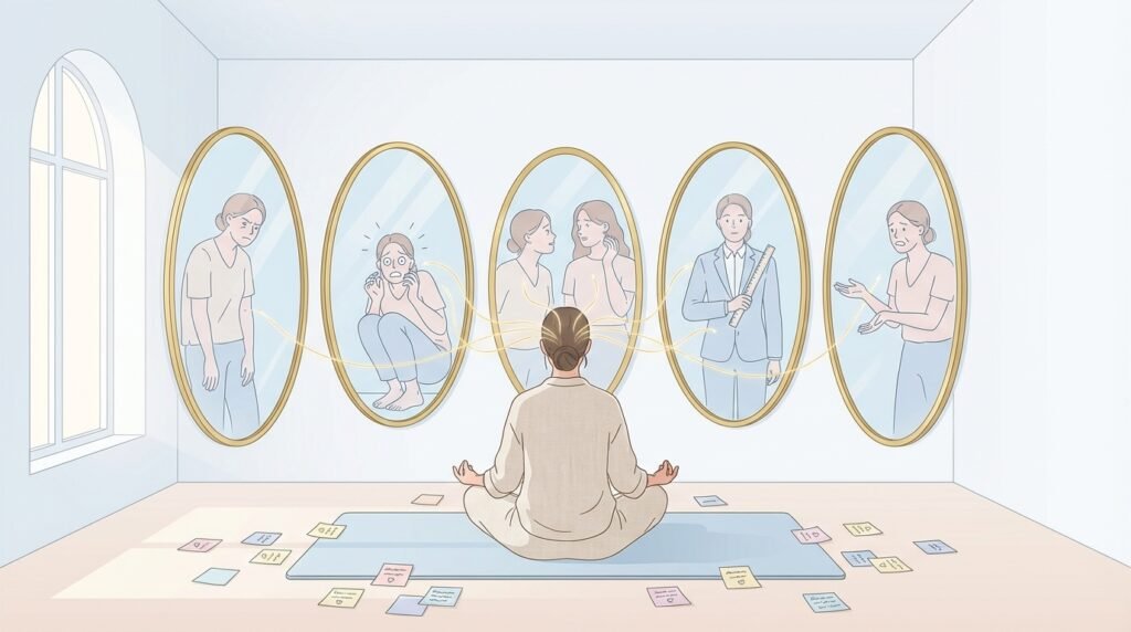 Personne en méditation face à 5 miroirs reflétant des versions d'elle-même.