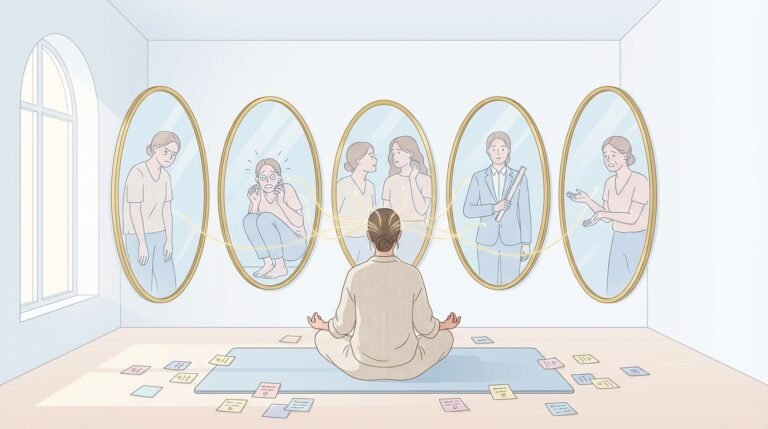 Personne en méditation face à 5 miroirs reflétant des versions d'elle-même.