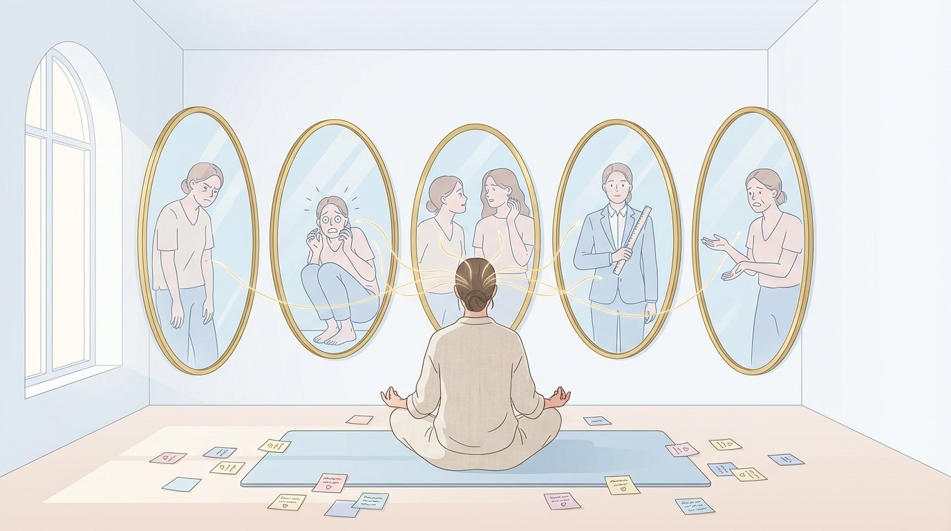 Personne en méditation face à 5 miroirs reflétant des versions d'elle-même.