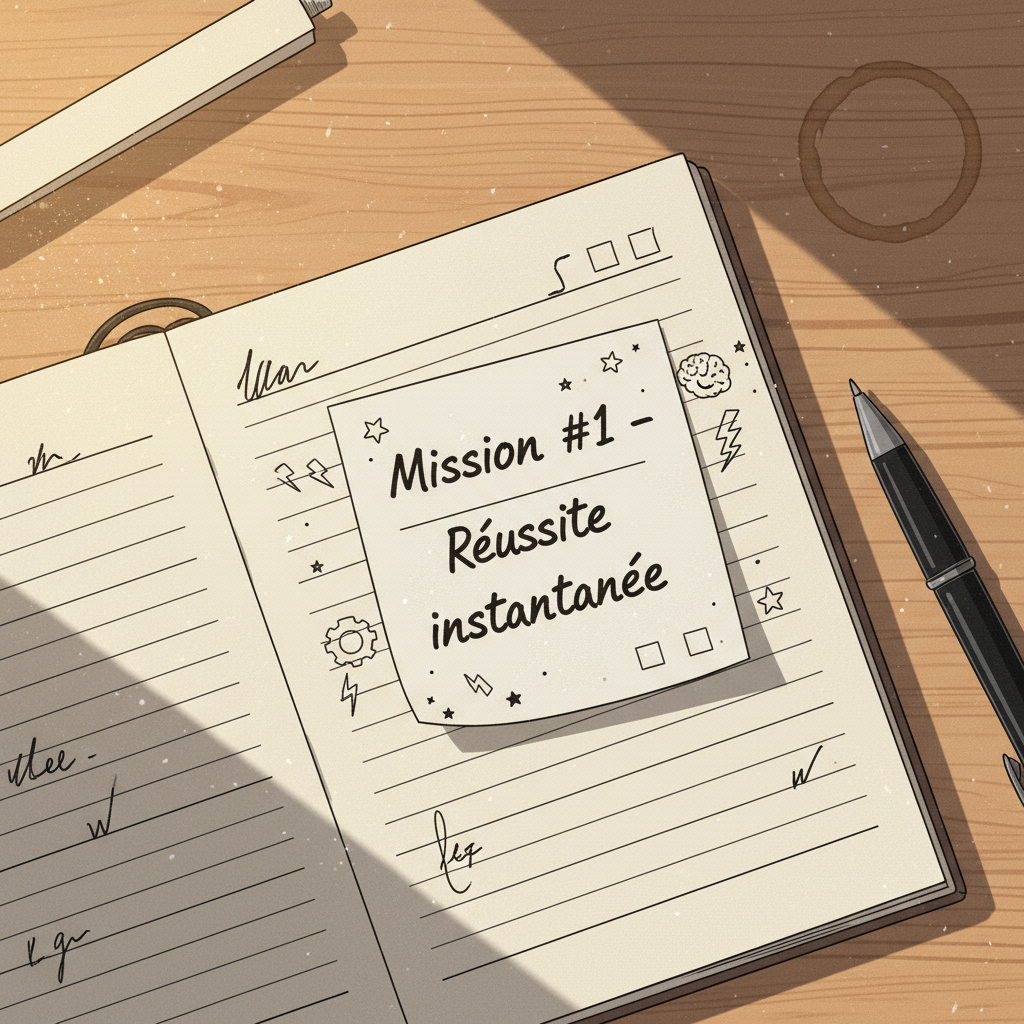 Illustration bureau avec carte 'Mission #1 – Réussite instantanée'