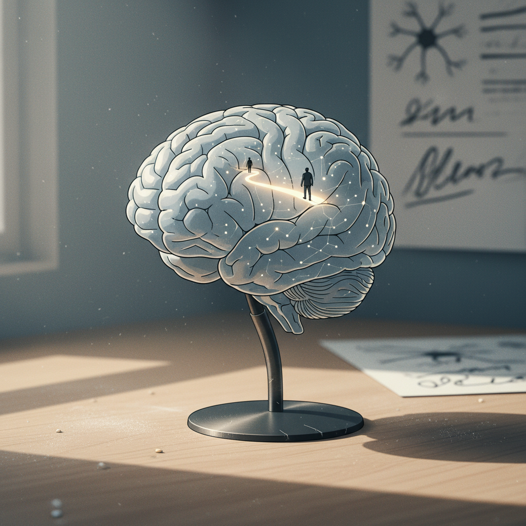 Modèle de cerveau transparent avec petite figure marchant le long d'un chemin lumineux à l'intérieur