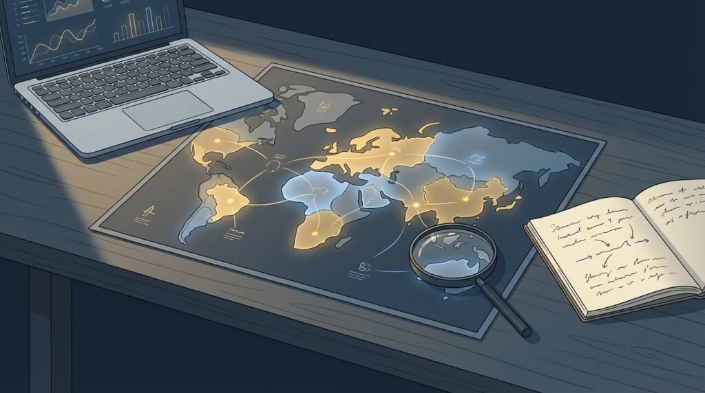 Illustration d'un bureau minimaliste avec une carte et un ordinateur affichant des graphiques abstraits