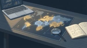 Illustration d'un bureau minimaliste avec une carte et un ordinateur affichant des graphiques abstraits