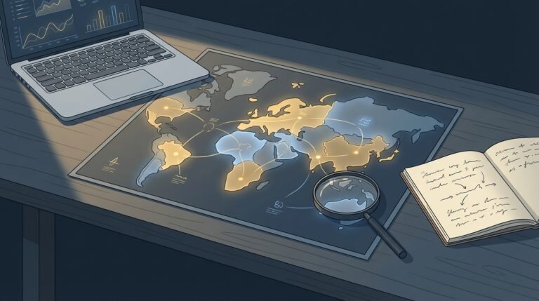 Illustration d'un bureau minimaliste avec une carte et un ordinateur affichant des graphiques abstraits