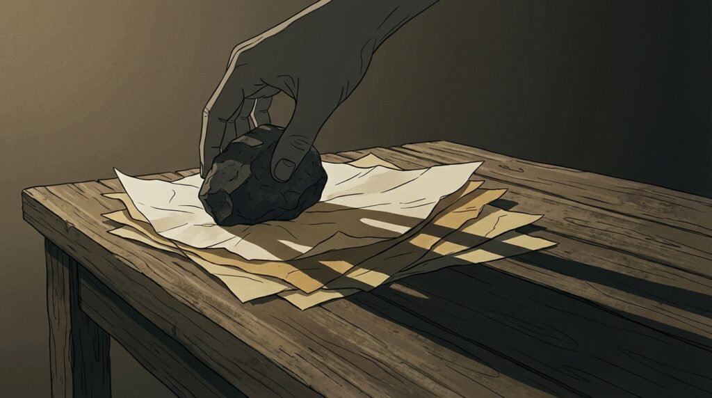 Main déposant une pierre sur des feuilles de papier froissées sur bois brut