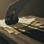 Main déposant une pierre sur des feuilles de papier froissées sur bois brut