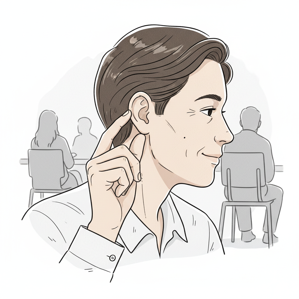 Person in profile touching earlobe