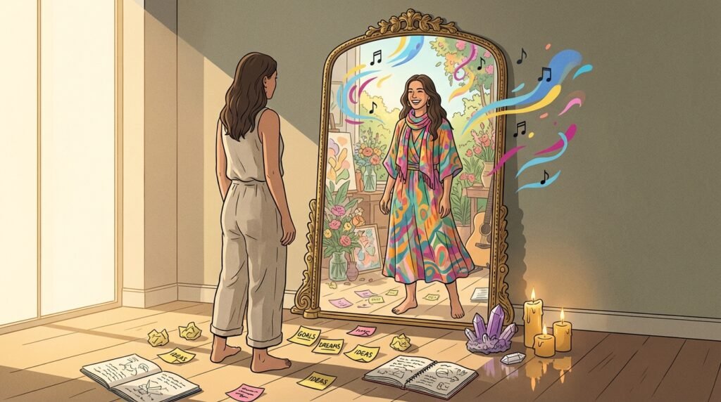 Femme en tenue décontractée devant un miroir vintage.