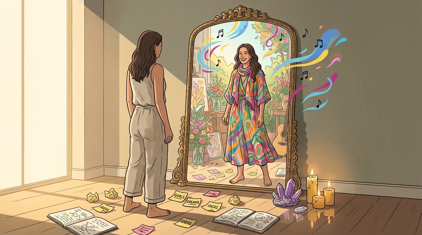 Femme en tenue décontractée devant un miroir vintage.