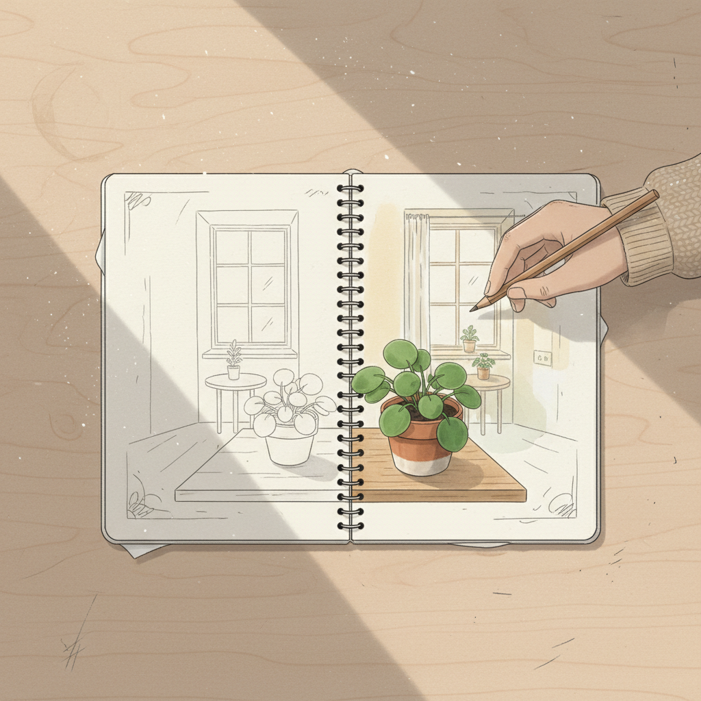 Sketchbook showing transition from drawing to reality