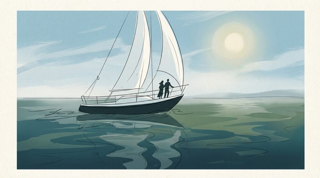 Illustration d'un sailboat naviguant sur une mer calme, avec deux silhouettes humaines
