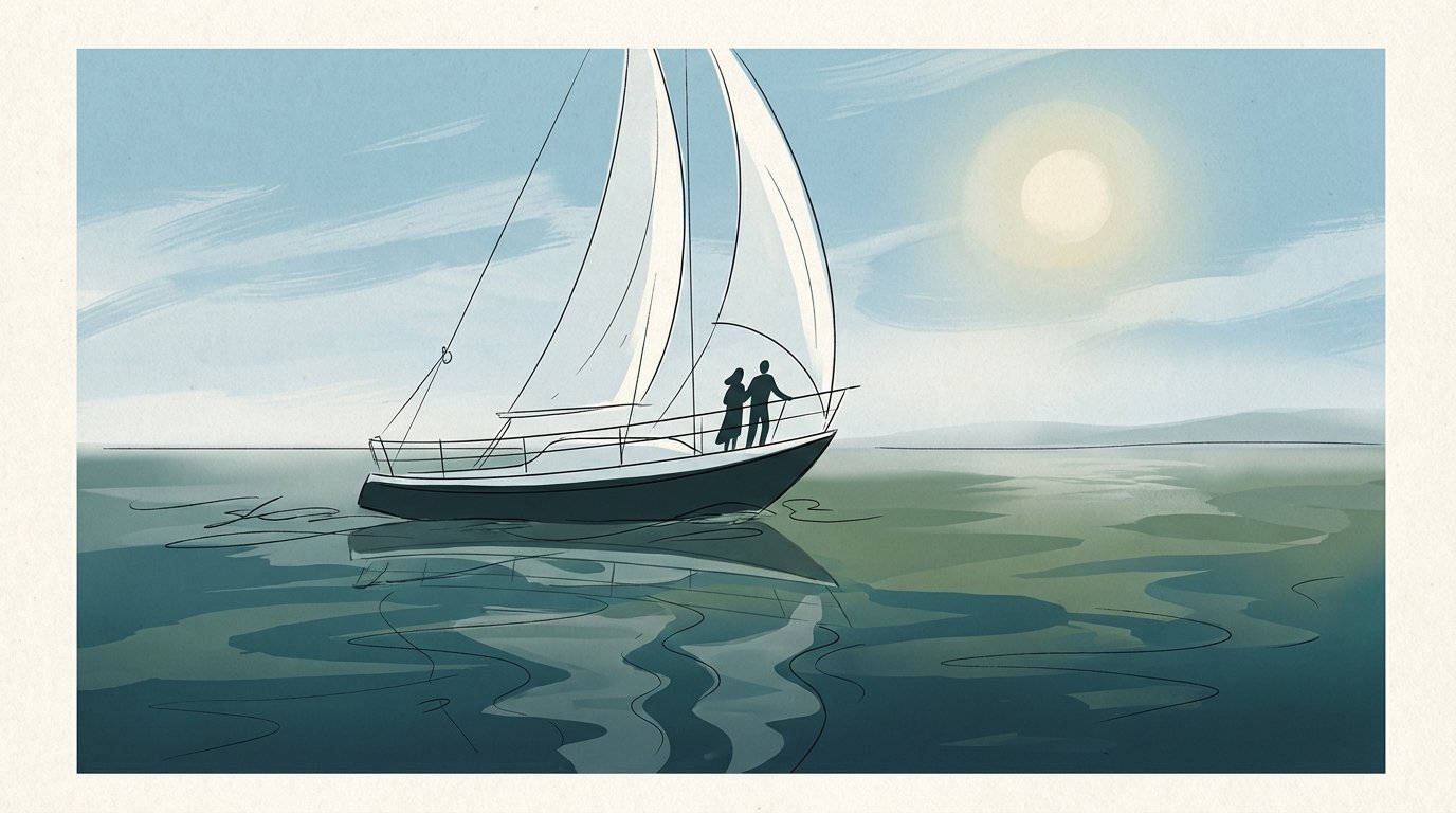 Illustration d'un sailboat naviguant sur une mer calme, avec deux silhouettes humaines