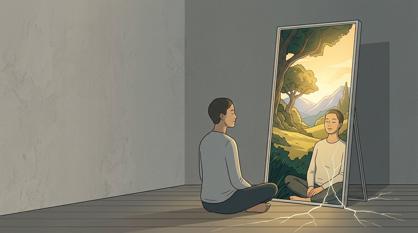 Personne contemplative face à un miroir révélant un paysage lumineux