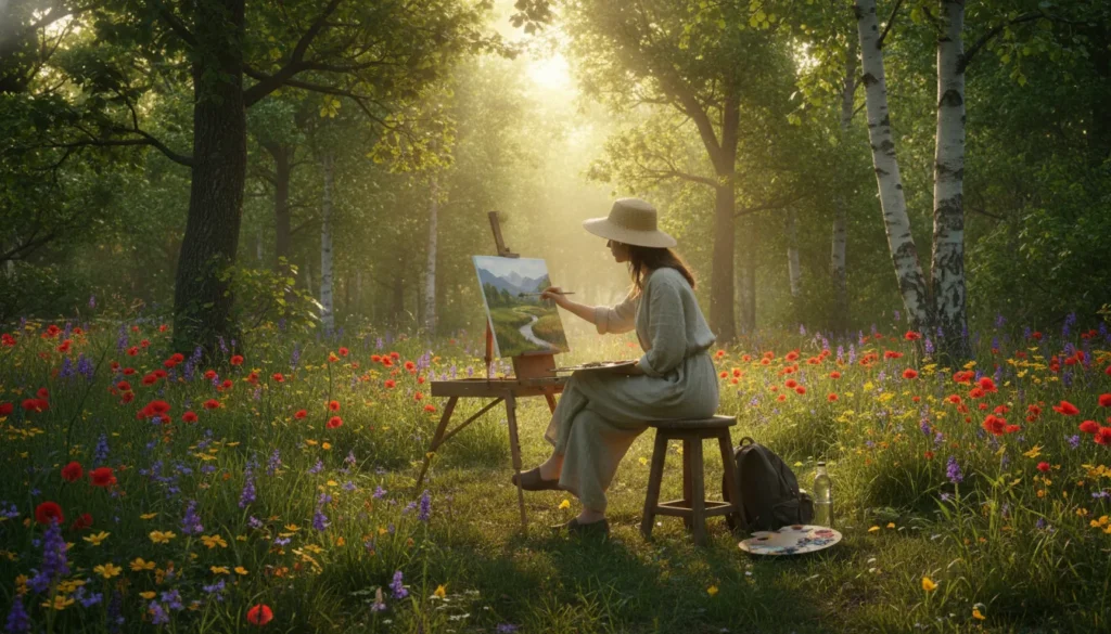 Artiste peignant un paysage naturel en plein air.