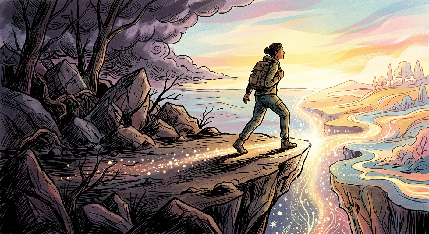 Personne en quête d'accomplissement traversant un seuil lumineux