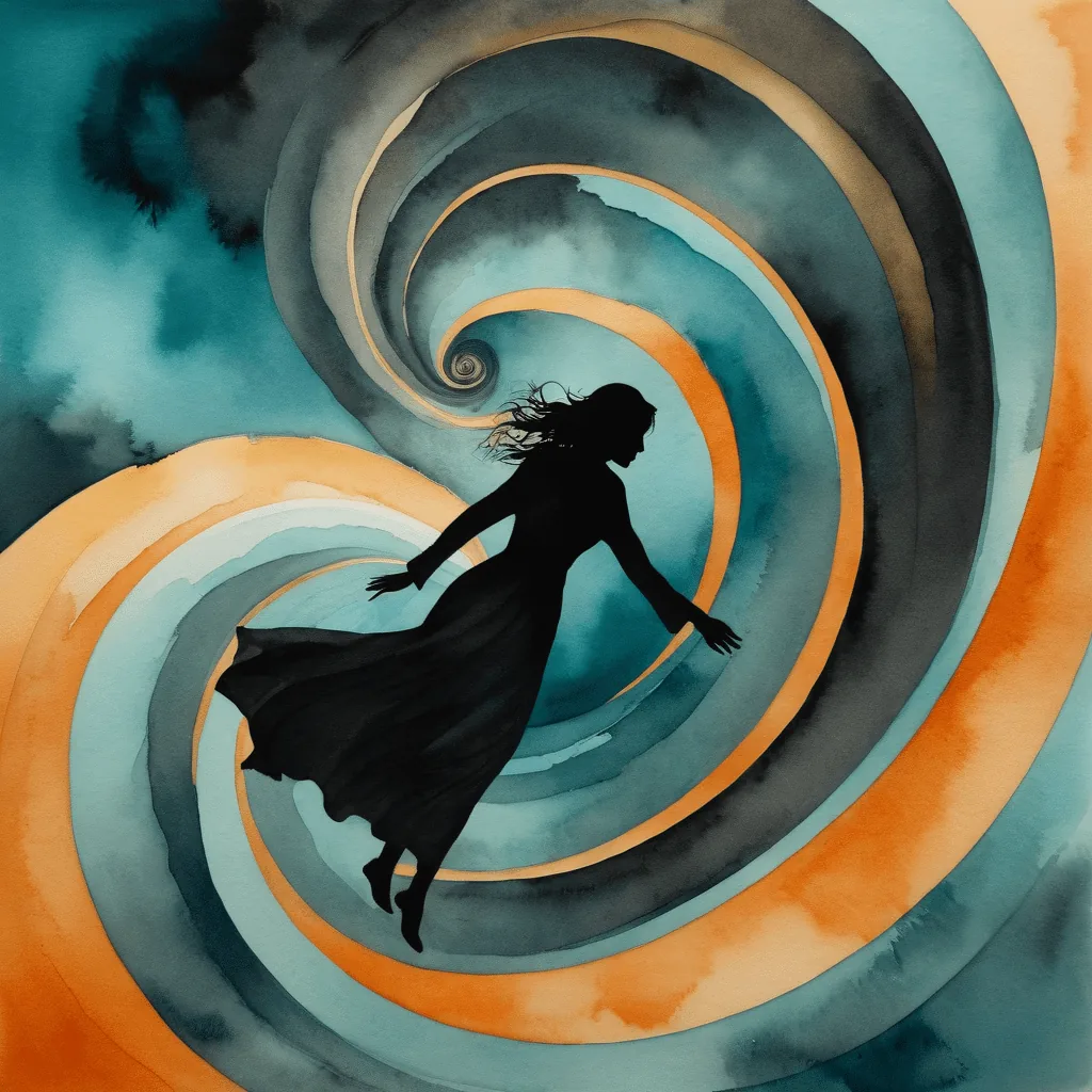 Illustration d’une femme en silhouette tombant dans une spirale tourbillonnante de tons orange et bleu, symbolisant l’enfermement progressif du chantage émotionnel.