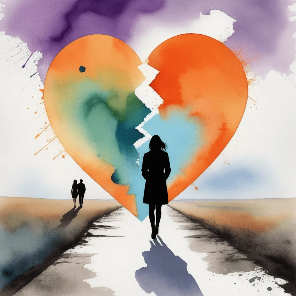 Une femme marchant seule devant un cœur brisé, représentant la solitude et la tristesse après une relation toxique tandis qu'un couple s'éloigne au loin.