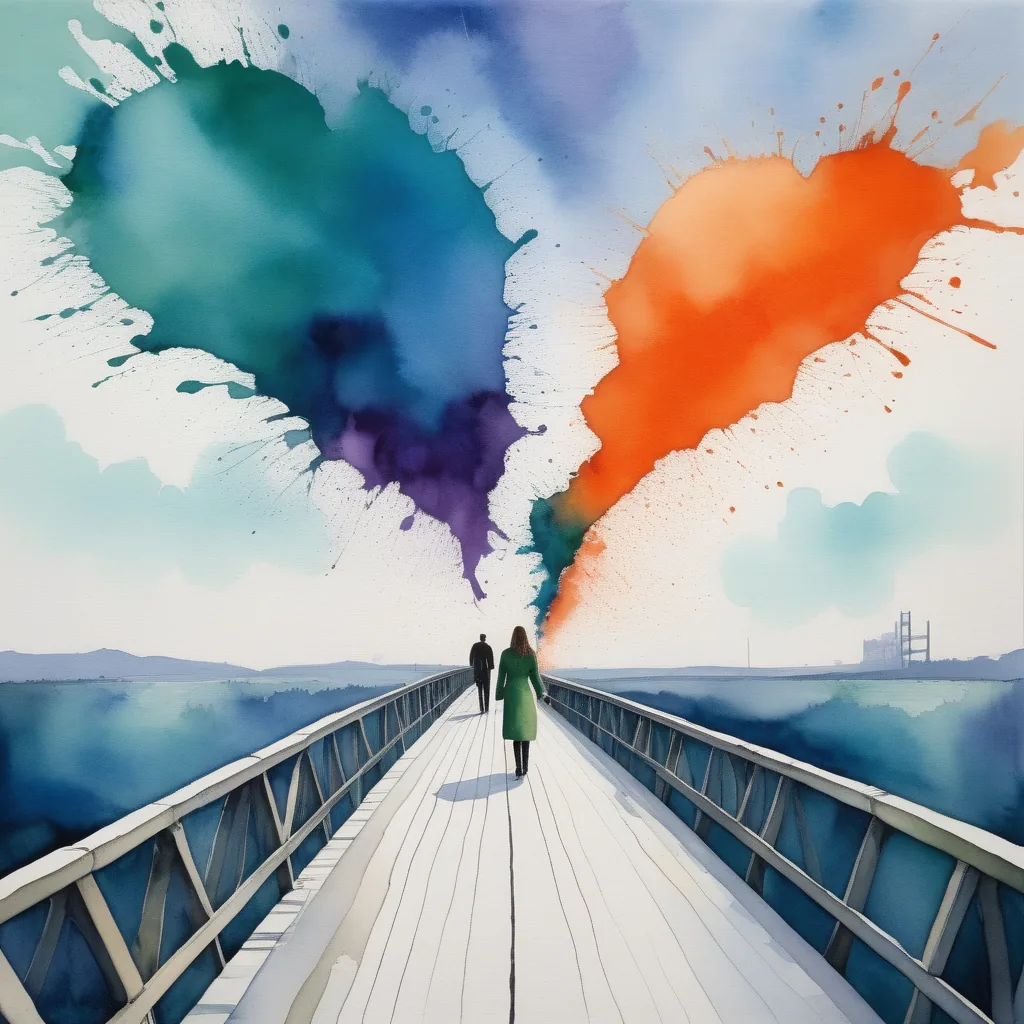 Illustration artistique représentant deux personnes se séparant sur un pont, avec des éclats de couleurs en forme de cœurs brisés, symbolisant les conséquences de la tolérance excessive dans une relation.