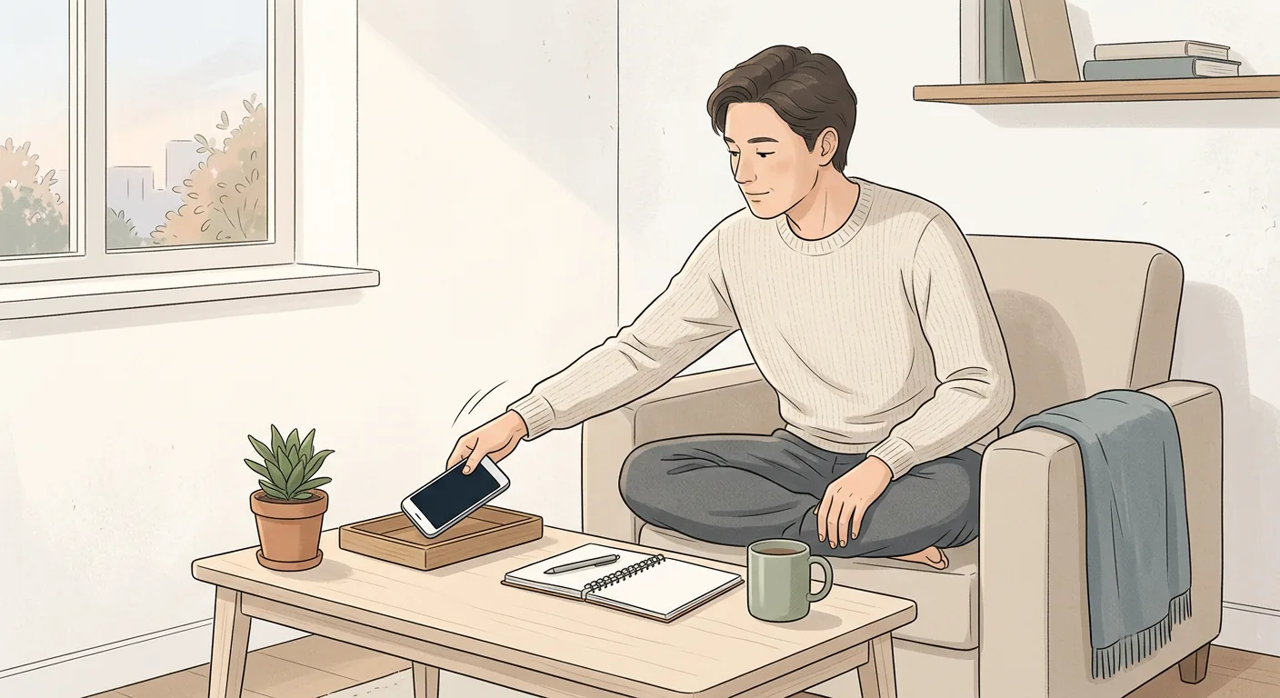 Personne assise dans un fauteuil avec un smartphone et un cahier