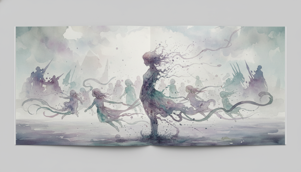 Figure maternelle dissoute dans des pigments d'aquarelle, ambiance onirique violet et orange