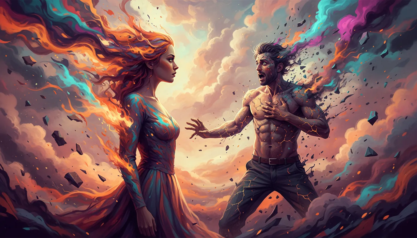 Deux personnages entourés d'éléments mystiques et chaotiques.