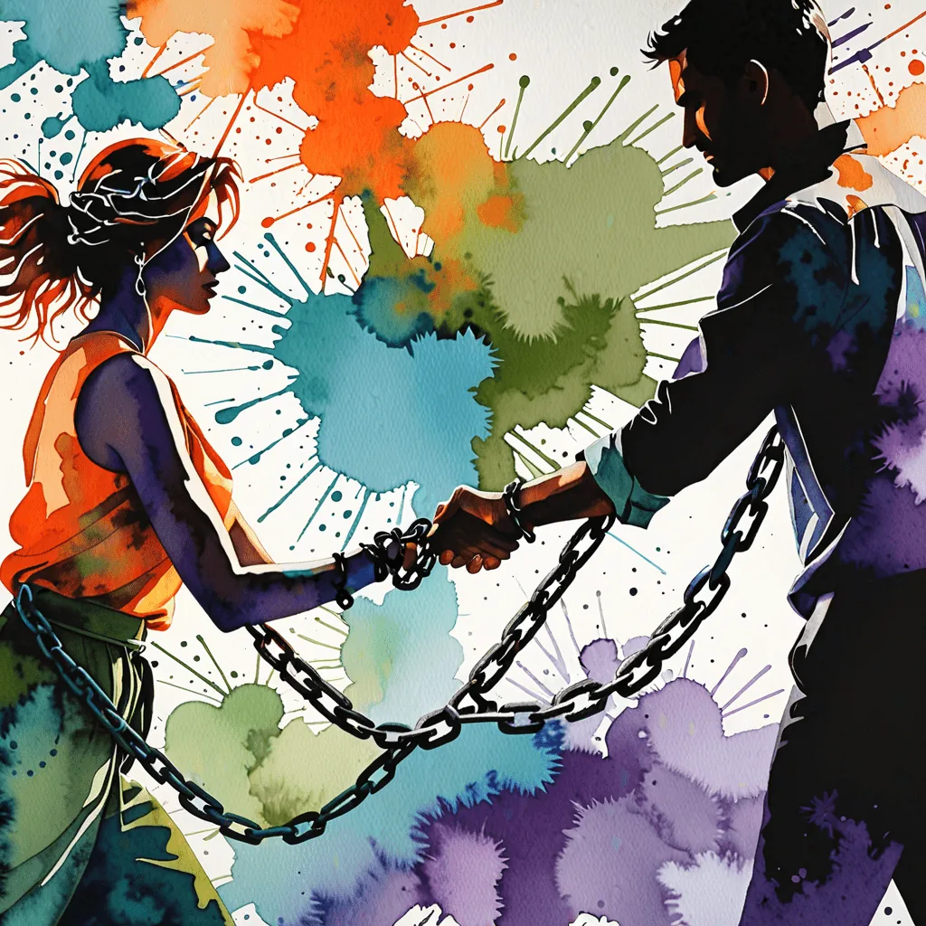 Un homme et une femme liés par des chaînes, symbolisant l'emprise d'une relation toxique.