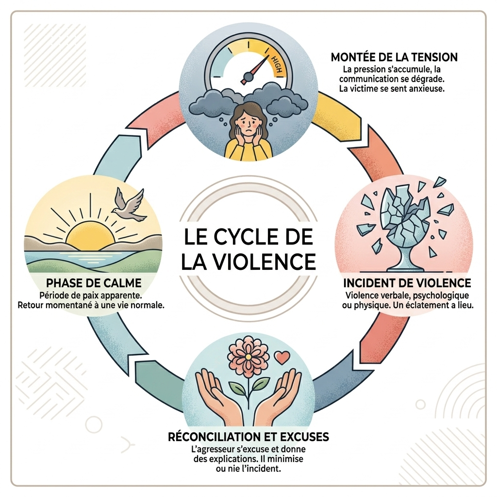 Explication du cycle de la violence en quatre étapes.