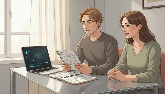 Personne adulte concentrée avec carnet et ordinateur, échange bienveillant en intérieur lumineux