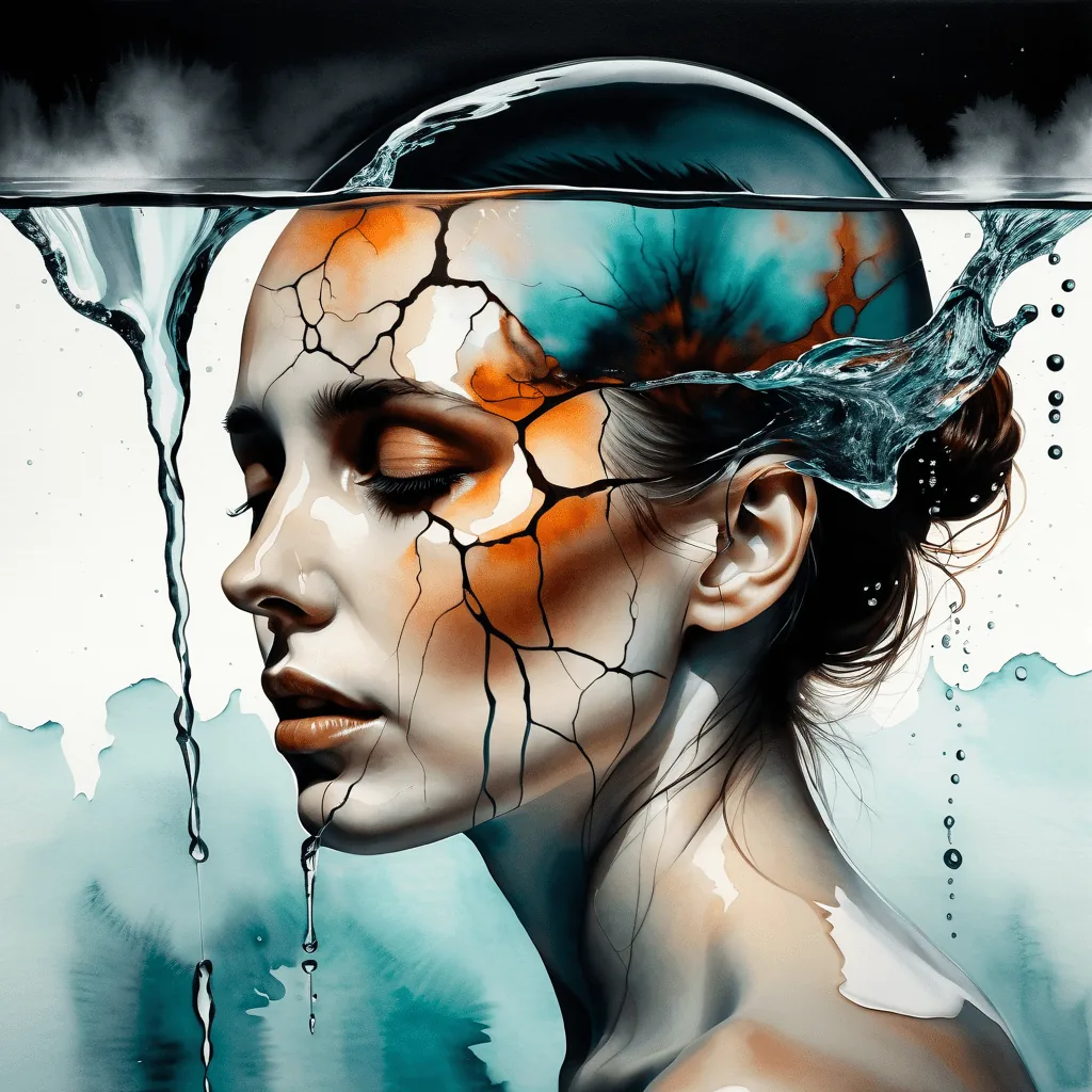 Illustration surréaliste d'une femme dont le crâne fissuré laisse l'eau s'infiltrer et s'accumuler à l'intérieur, symbolisant l'impact insidieux du chantage émotionnel.