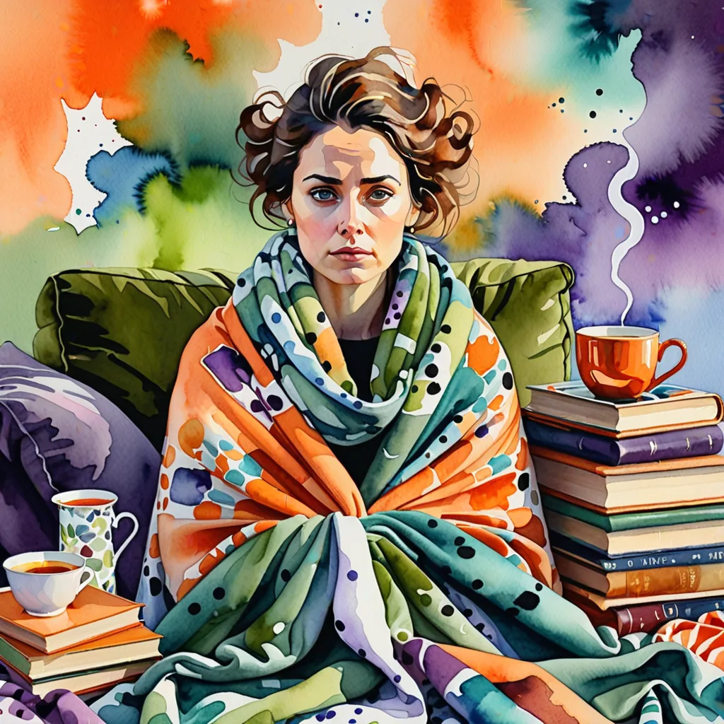 Une femme enroulée dans une couverture colorée, assise parmi des livres et des tasses de thé, symbolisant la difficulté de quitter un pervers narcissique et la recherche de réconfort.