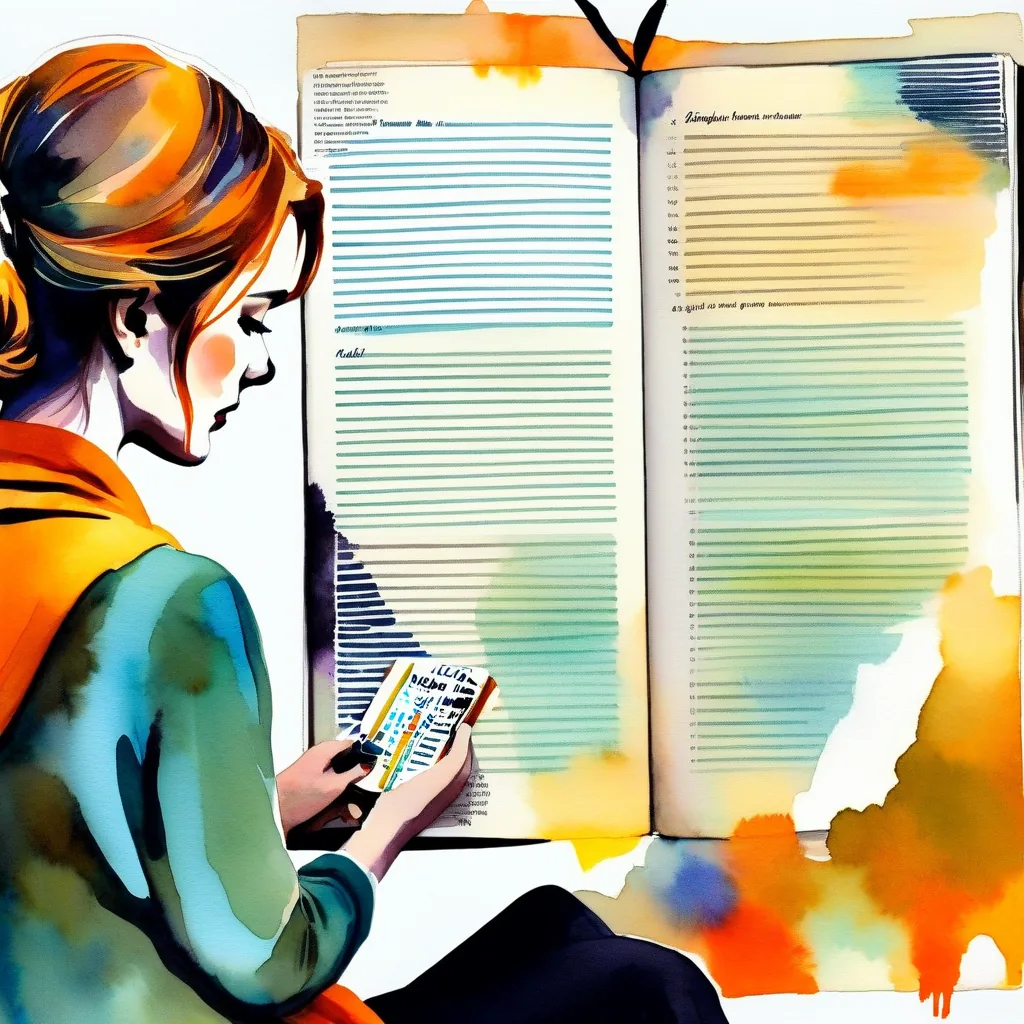 Illustration représentant une femme lisant attentivement un carnet, symbolisant un moment de réflexion personnelle.