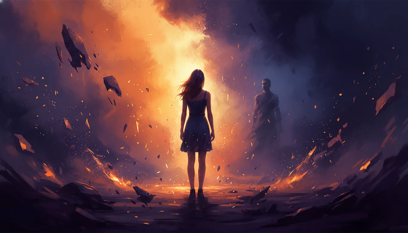 Femme face à une scène apocalyptique en feu