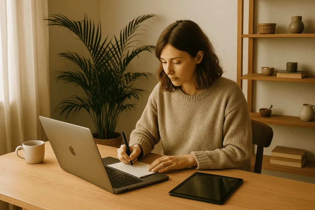 Illustration d’article sur la création de produits numériques, le freelancing, l’organisation de travail en solo ou la vente artisanale.