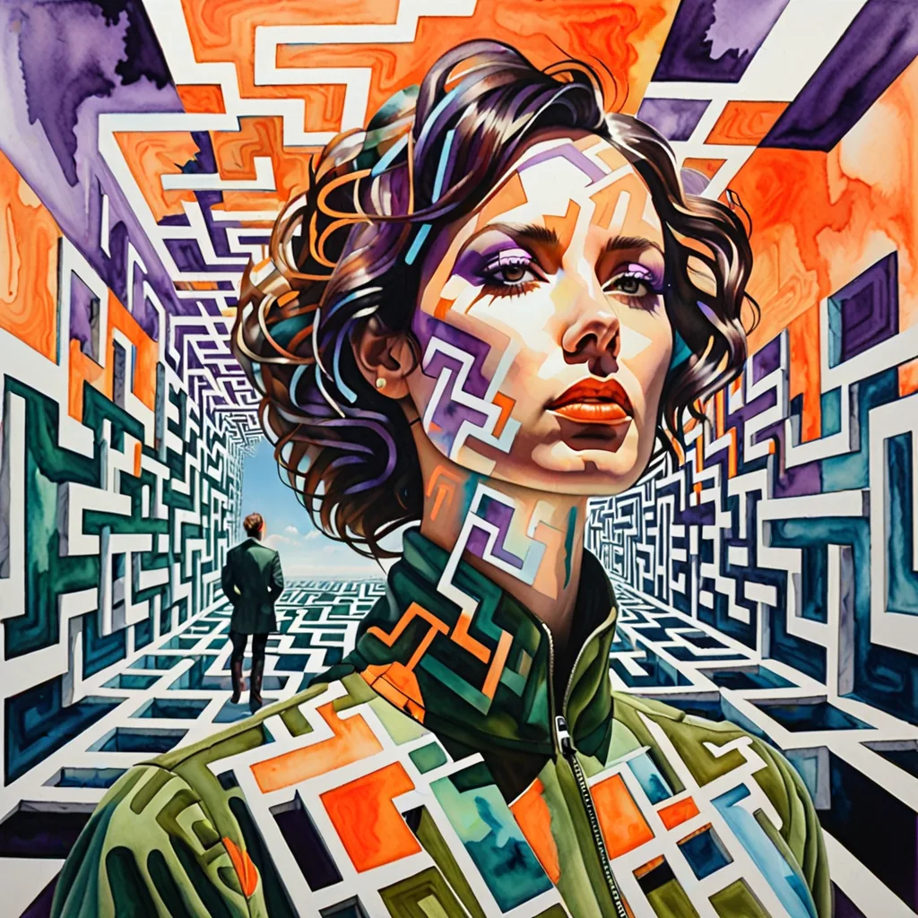 Femme déterminée entourée de motifs labyrinthiques, symbolisant la confusion et la manipulation par l'ambiguïté.