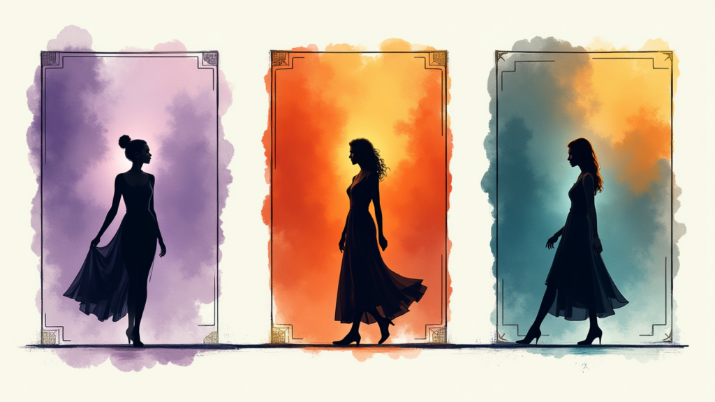 Triptyque illustré : une silhouette féminine déclinée en aquarelle, concept art et poster graphique, palette Valaxie