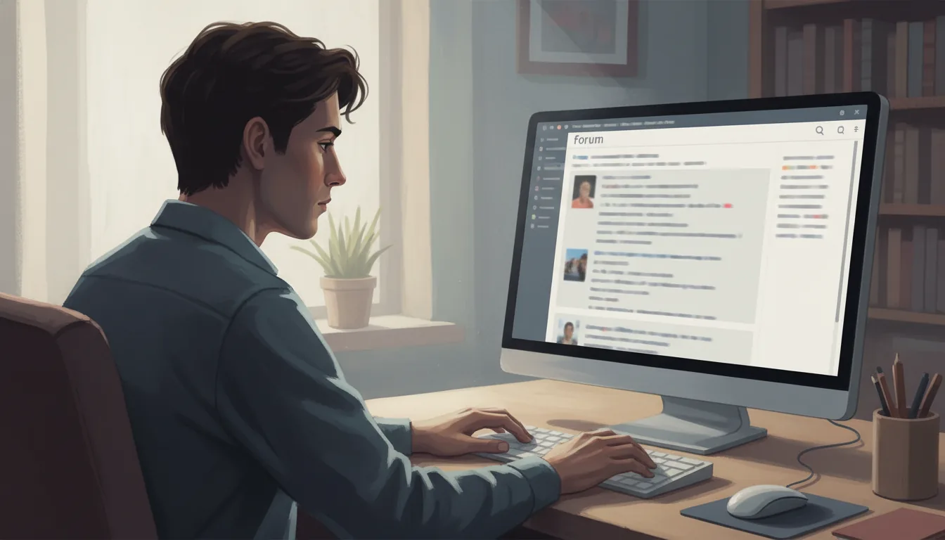 personne concentrée devant un ordinateur sur un forum