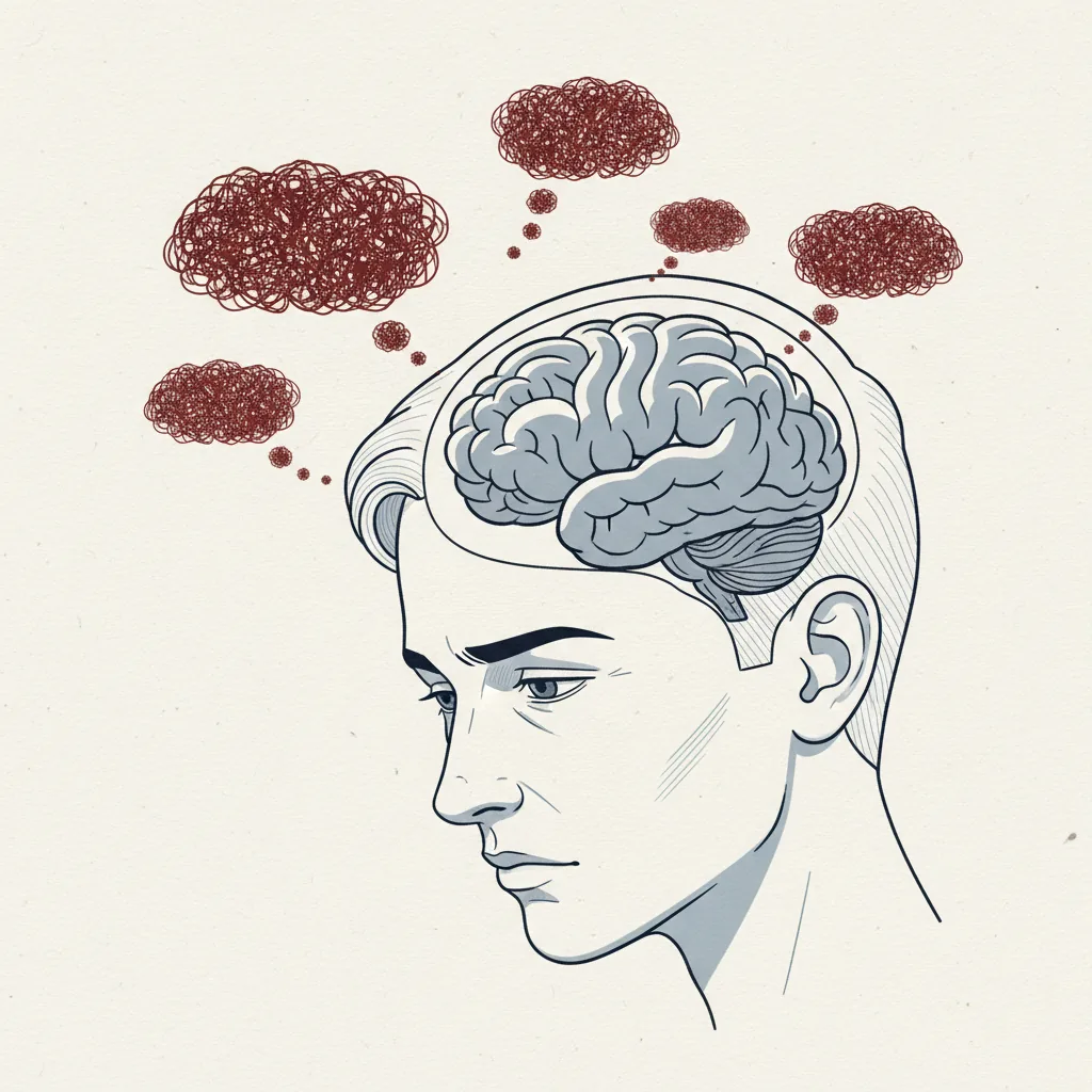 Tête humaine avec cerveau et bulles de pensées sombres