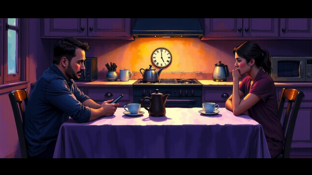 Illustration toxiques Valaxie : Le café qu'il ne boit pas — A man sits across a table from a woman, his elbows on the tablecloth, looking at his phone, while a coffee pot and two c