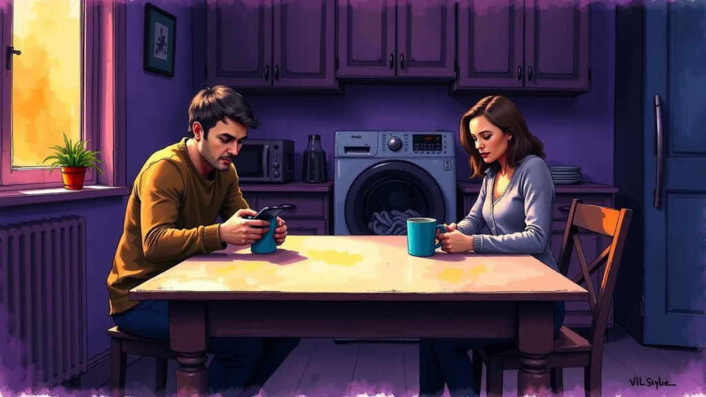 Illustration toxiques Valaxie : Le linge dans la machine - couple a table, machine a laver en arriere-plan