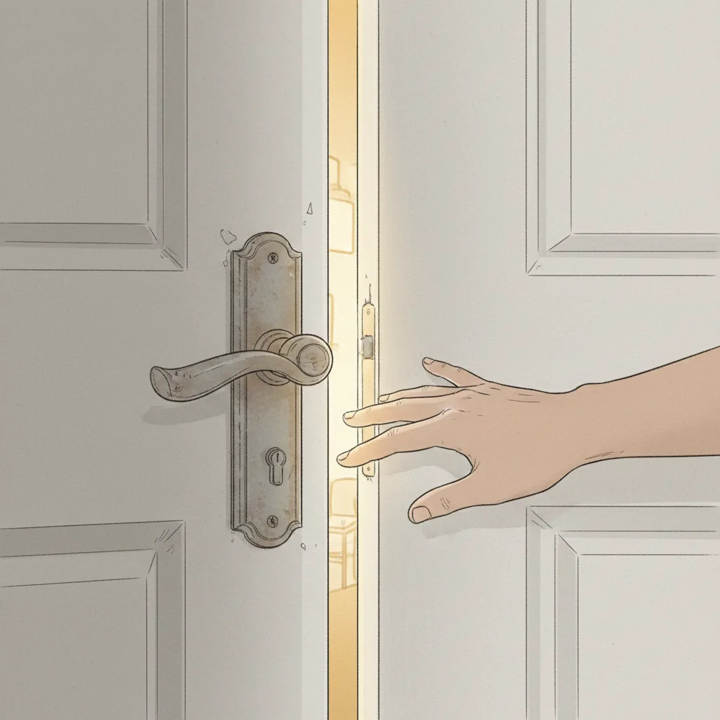Main poussant une porte, lumière chaleureuse à travers une ouverture