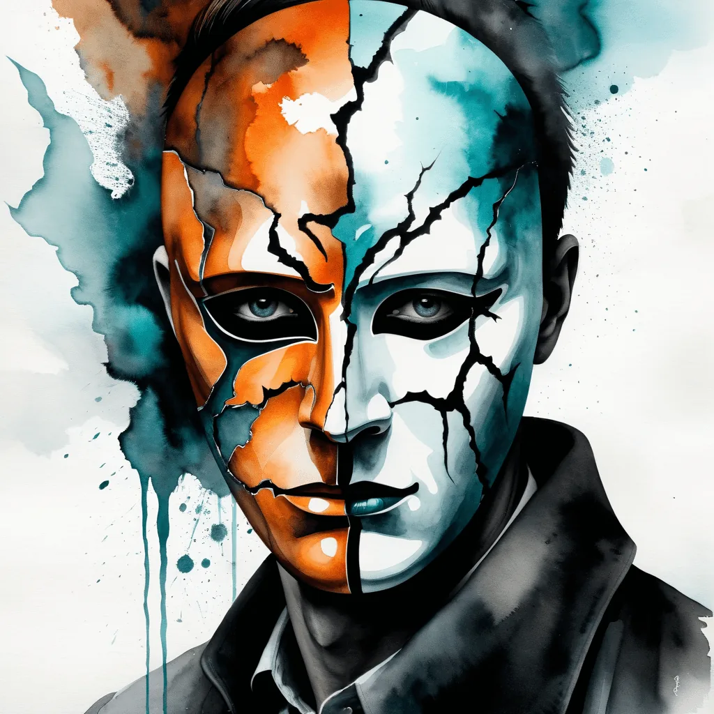 Illustration d’un homme portant un masque fissuré aux deux visages : l’un exprimant la manipulation et la domination, l’autre la tristesse et la peur. Une représentation surréaliste du chantage émotionnel en aquarelle numérique.