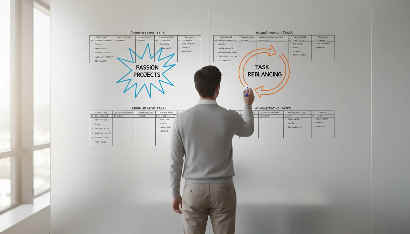 Personne de dos modifiant un tableau blanc avec sections colorées dans un bureau épuré