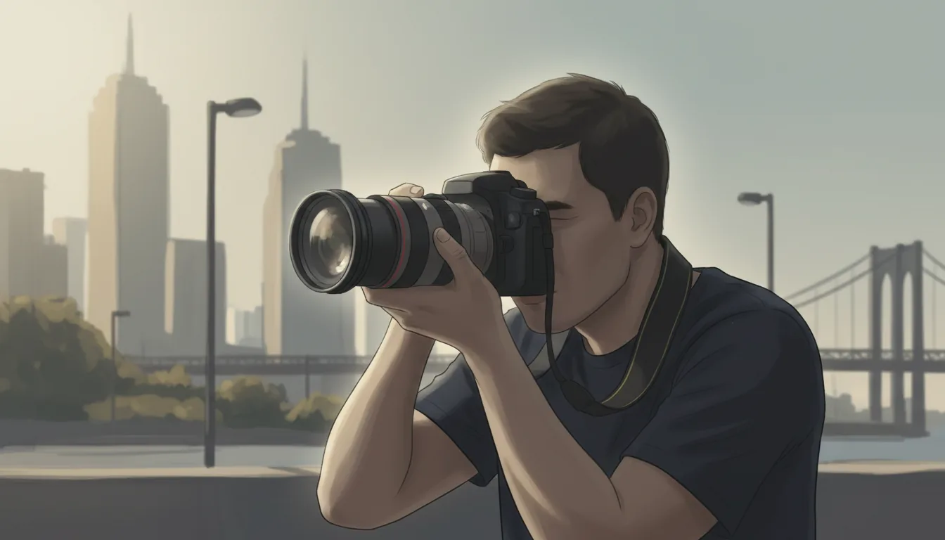 Personne concentrée utilisant un appareil photo reflex en milieu urbain flou