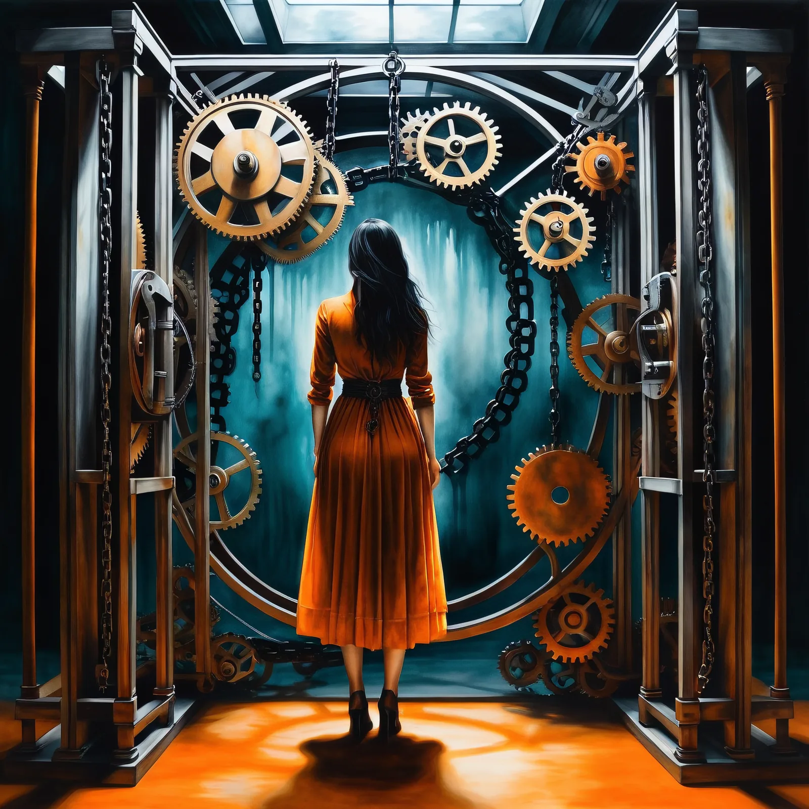 Une femme en robe orange se tient face à un mécanisme complexe d’engrenages et de chaînes qui se referme sur elle, illustrant la lente oppression du chantage émotionnel.