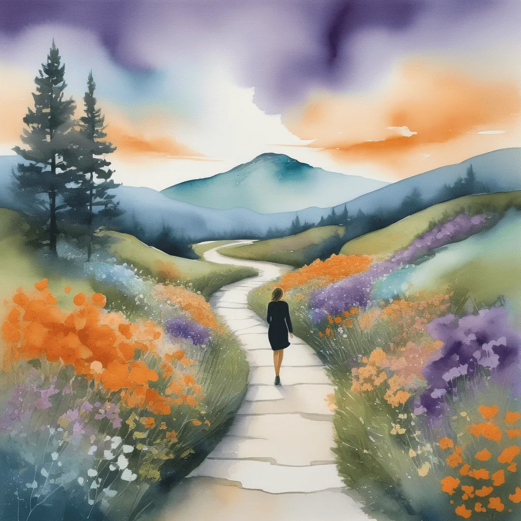 Une femme marchant seule sur un sentier entouré de fleurs, symbolisant le voyage vers l'amour de soi après une relation toxique.