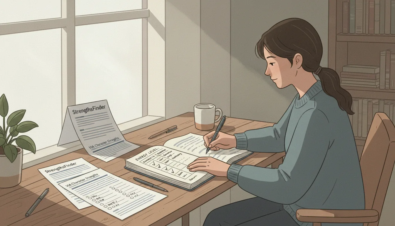 Personne assise à un bureau lumineux prenant des notes dans un carnet avec des questionnaires de personnalité