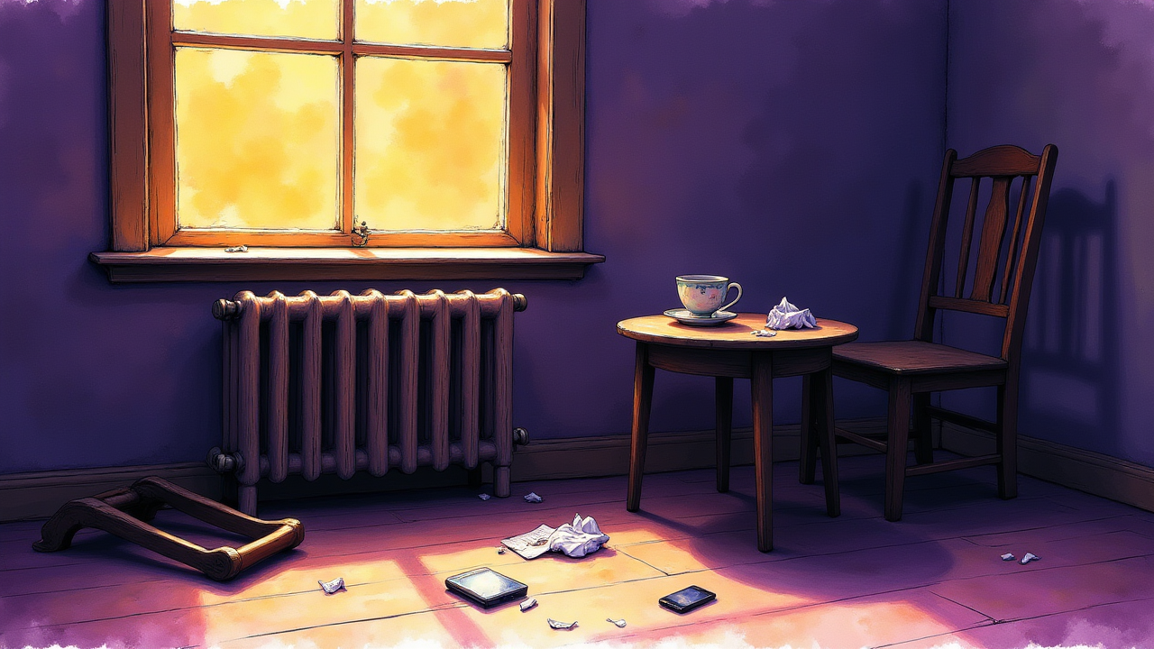 Une chaise renversée, une tasse brisée et un téléphone face cachée sur une table dans un salon désordonné, avec une lumière violette et dorée.