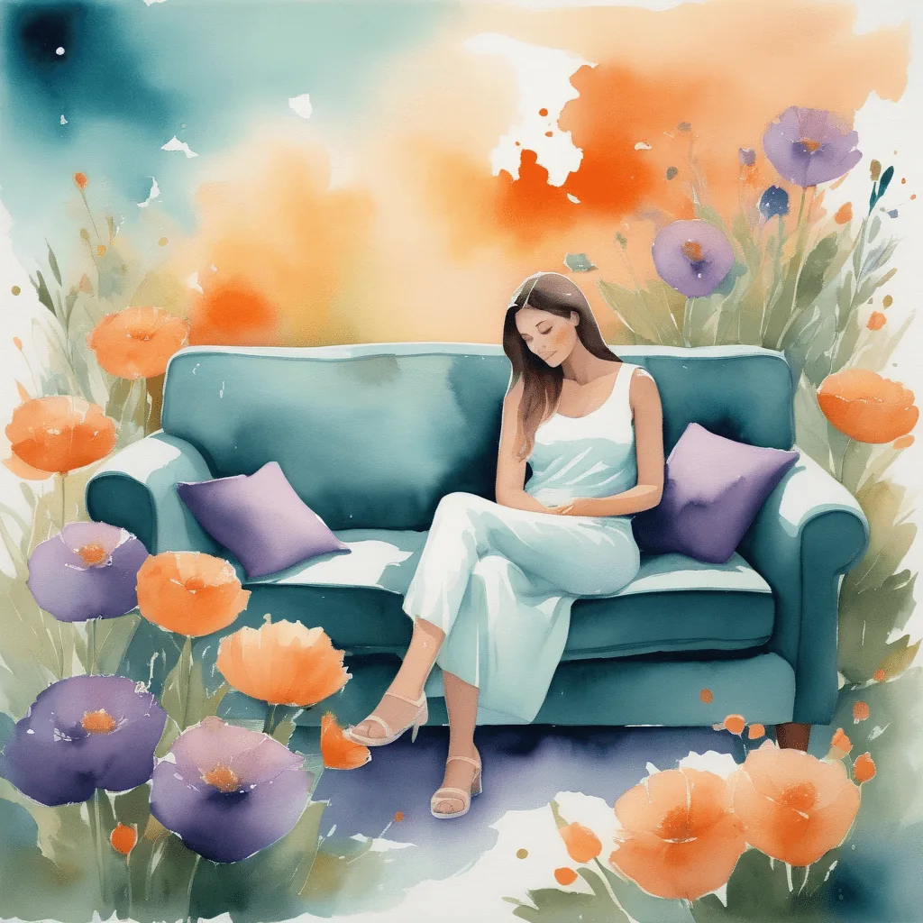 Femme pensive assise sur un canapé entouré de fleurs, illustrant l'introspection sur l'attirance vers les relations toxiques.