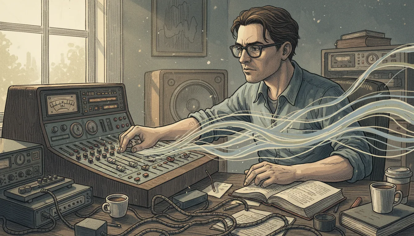 personne concentrée réglant le volume sur une console audio vintage
