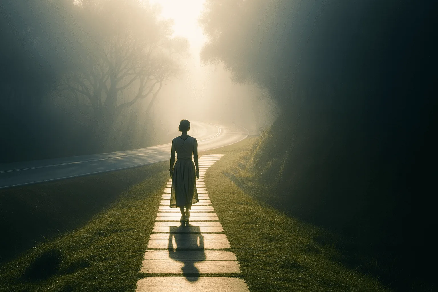 Femme marchant seule sur un chemin pavé baigné de lumière matinale, symbole des choix de vie et de l’épanouissement personnel.
